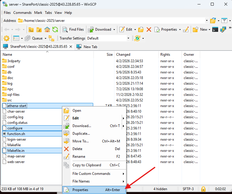 WinSCP คลิกขวาไฟล์แล้วเลือก Properties